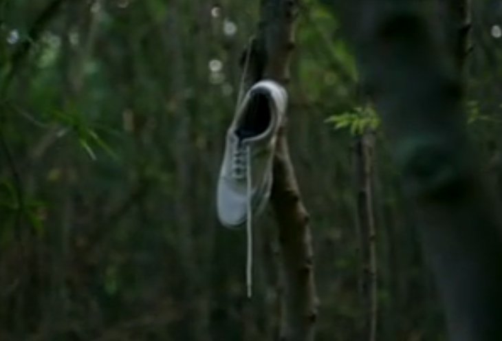Una zapatilla blanca y limpia colgada de la rama de un árbol, en el primer episodio.
