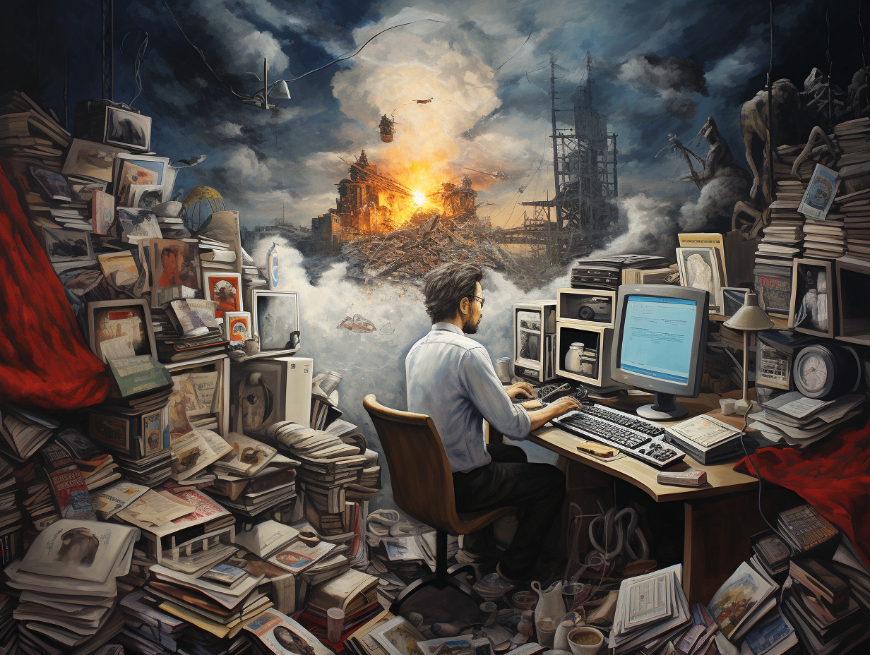 Ilustración: un periodista escribe de espaldas ante un ordenador antiguo, rodeado de montañas de periódicos, libros y fotografías, mientras al fondo arde un edificio bombardeado.