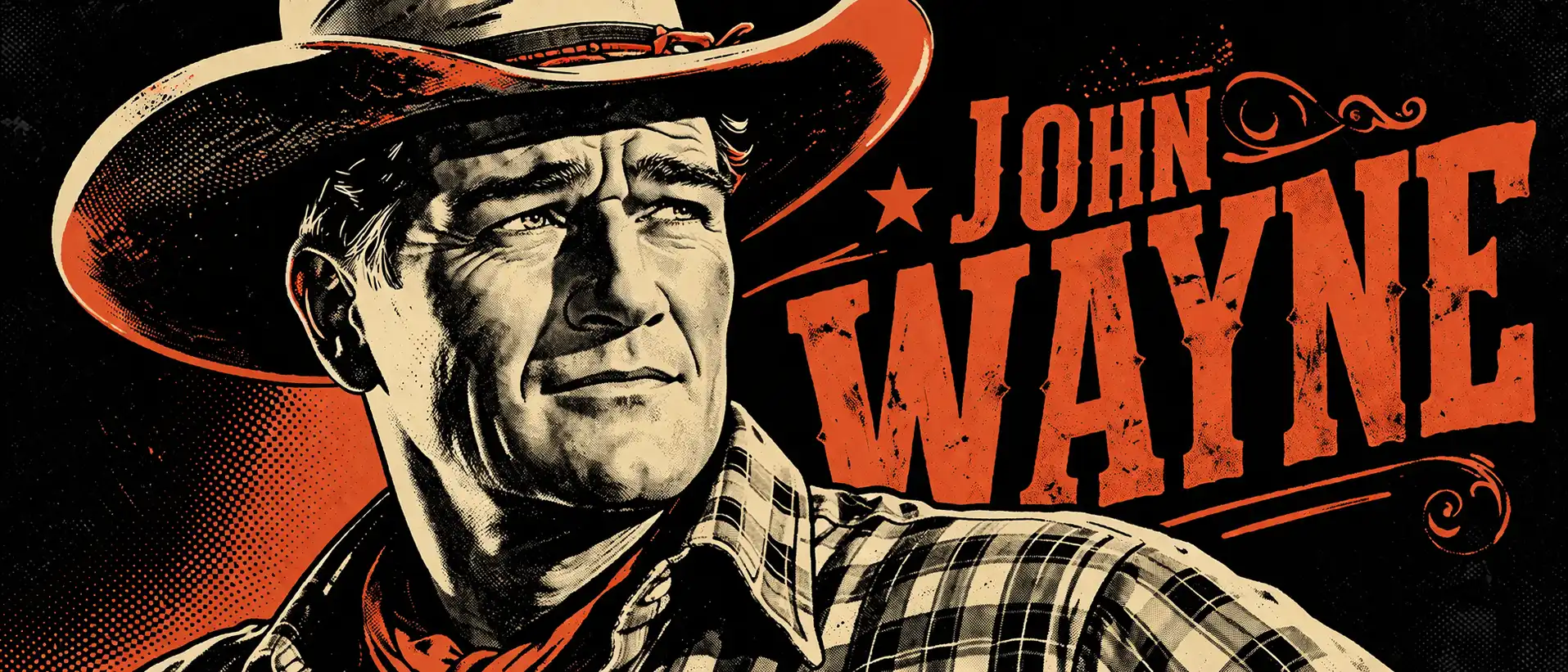 Retrato de John Wayne como icono del cine western americano, ilustración pulp noir en blanco y negro con acento naranja — ensayo sobre el pacto de ficción y la mentira literaria