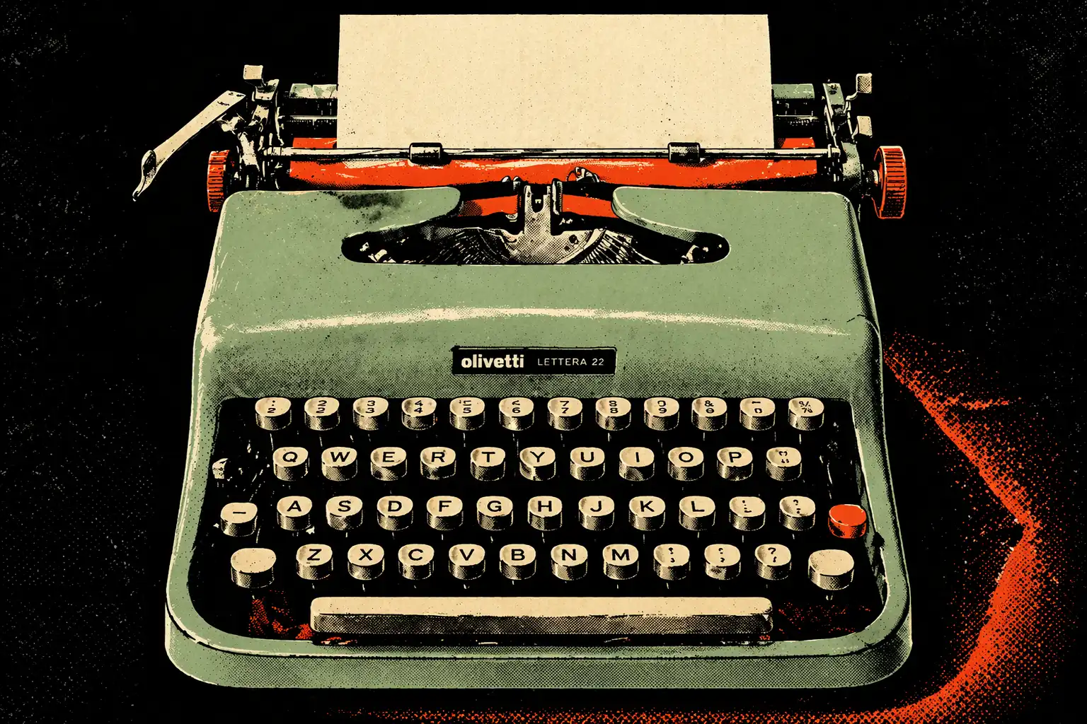 Máquina de escribir Olivetti Lettera 22 verde menta, objeto icónico de la escritura literaria del siglo XX, ilustración pulp noir — símbolo del escritor y la narrativa artesanal