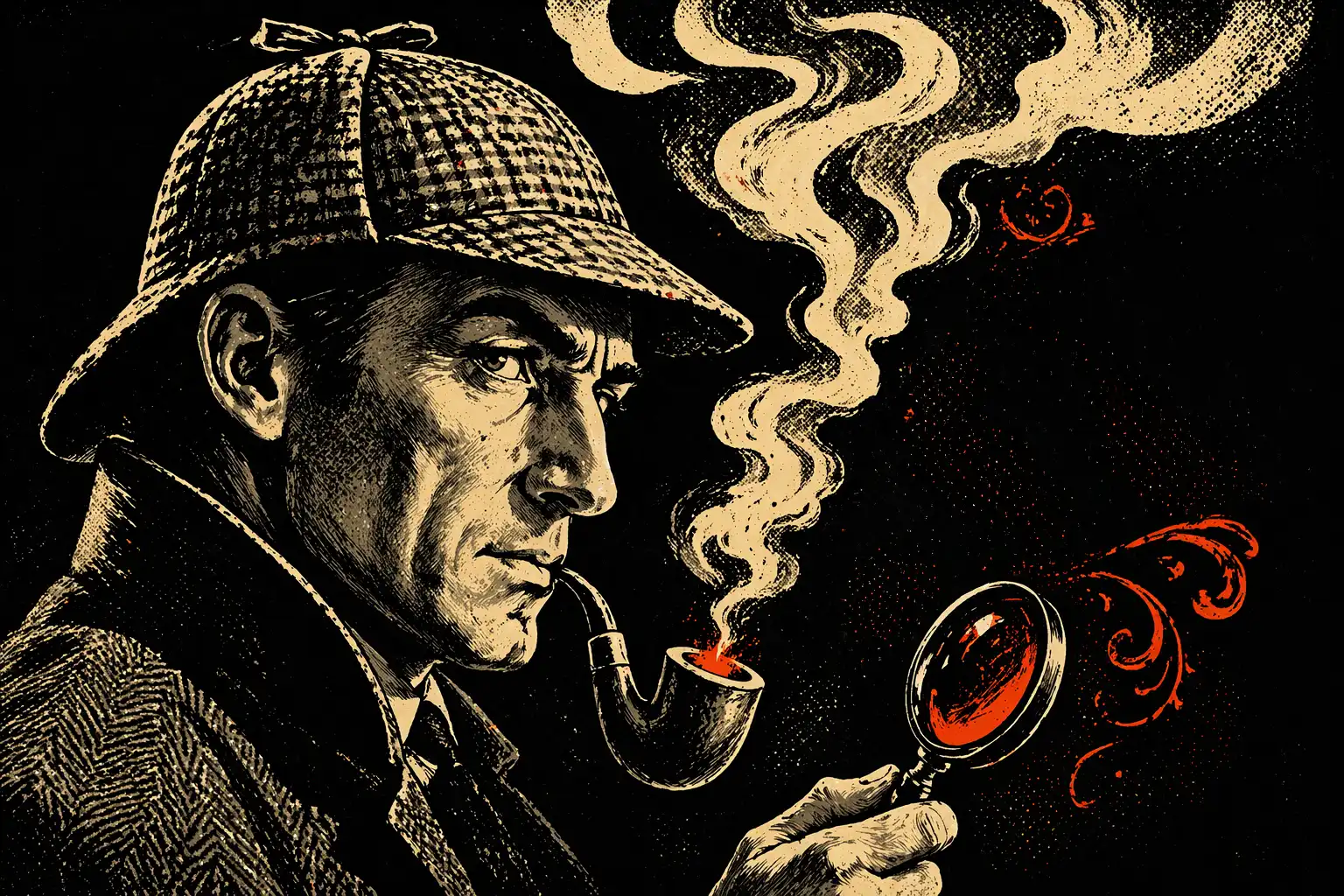Retrato de Sherlock Holmes con gorra deerstalker y pipa, icono de la literatura universal y símbolo del pacto de ficción — ilustración pulp noir estilo portada de novela