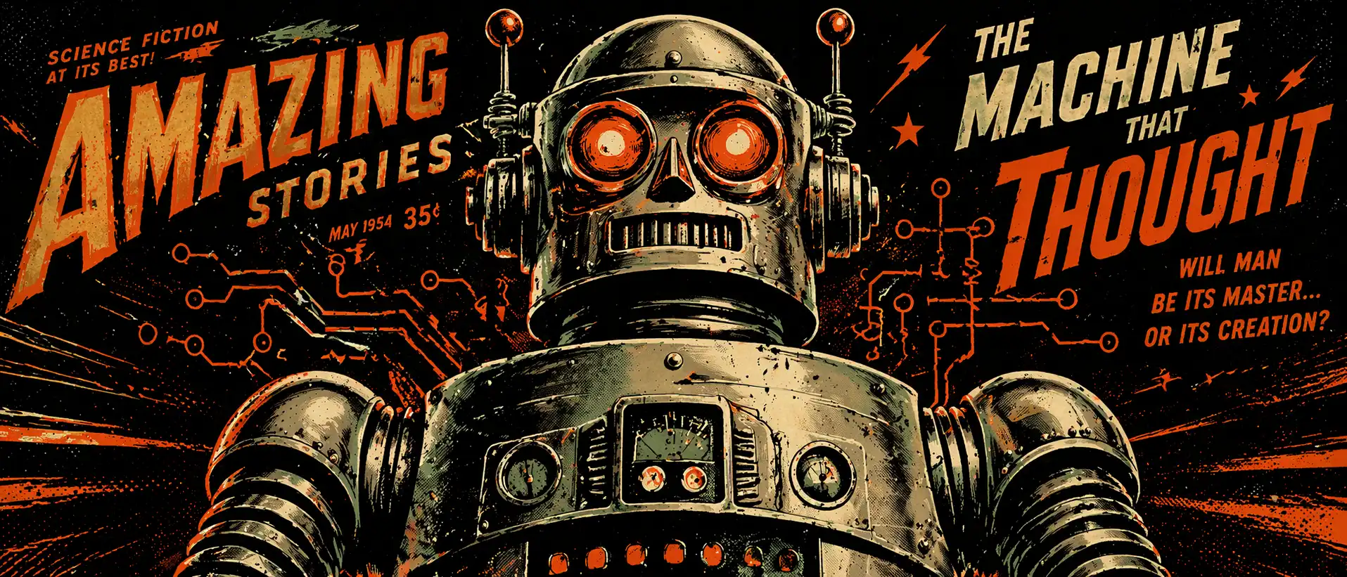 Robot retro de los años 50 estilo ciencia ficción pulp, icono pop de la inteligencia artificial, ilustración noir sci-fi — reflexión sobre la IA y la escritura literaria humana