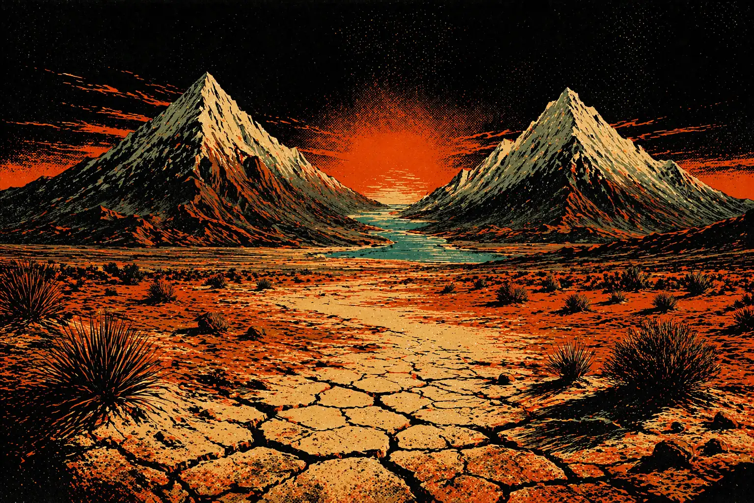 Desierto con dos montañas nevadas separadas por un río azul — ilustración pulp noir estilo telón pintado de Hollywood, símbolo de la mentira literaria en el ensayo sobre el pacto de ficción de Andrés Cardenete